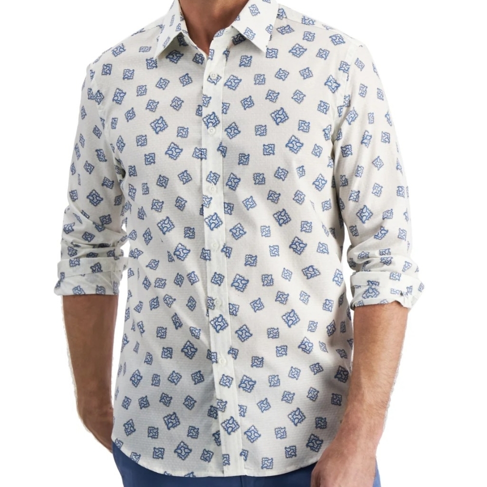 Club Room Casual White Shirt with Blue Patterns